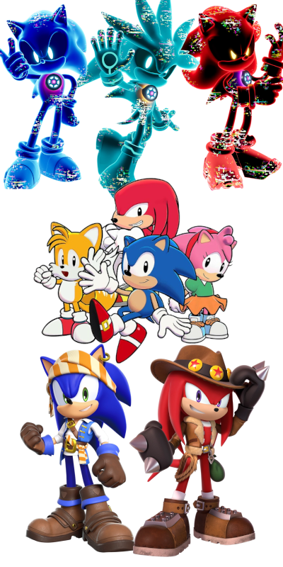Picture showing official renders for the AI Rival Racer skins for Sonic, Shadow and Silver from CrossWorlds, the Comic Book DLC skins from Superstars, and Pirate Sonic and Treasure Hunter Knuckles from Dream Team. Sources for these renders include Sonic Wiki Zone and The Sonic Stadium
